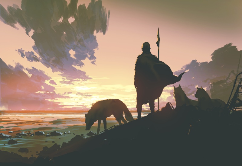 A man with a spear stands on a hill, flanked by two wolves and a dog.